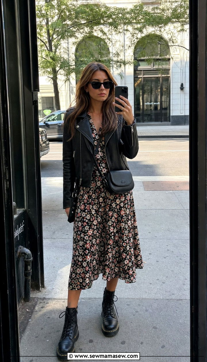 Leather Jacket with Floral Dress and Combat Boots Outfit - 25 Cross season outfit ideas