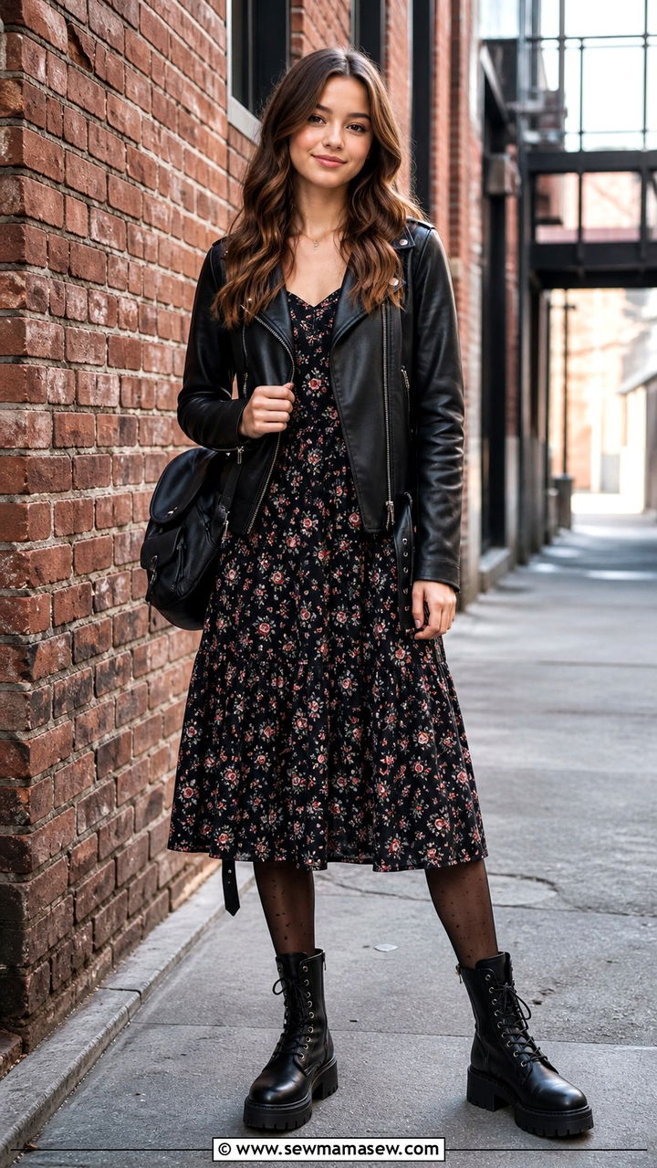Leather Jacket with Floral Dress and Combat Boots - 40 back to school outfits ideas