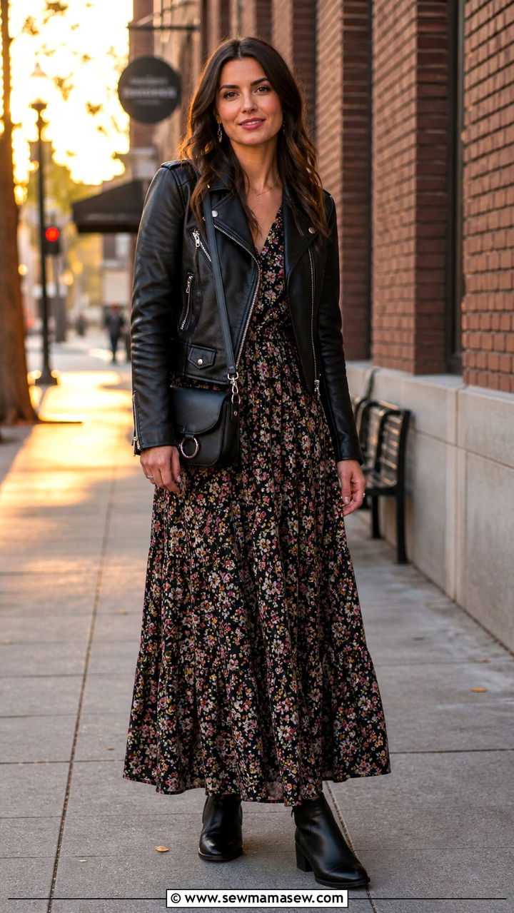 Leather Jacket with Floral Maxi Dress and Ankle Boots - 40 Spring weekend outfit ideas