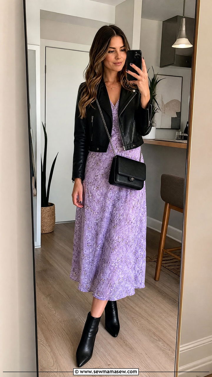 Leather Jacket with Floral Midi Dress - 25 March outfits for women