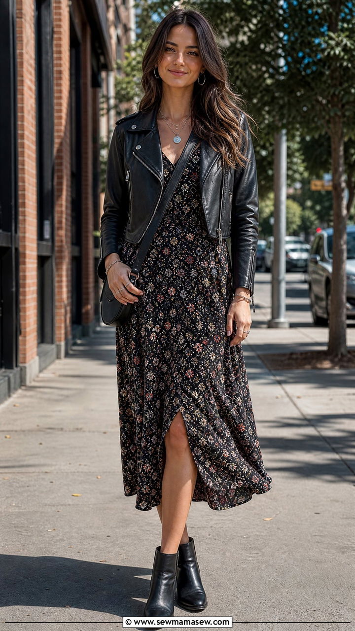Leather Jacket with Floral Midi Dress Outfit - 25 fashion inspo outfits ideas