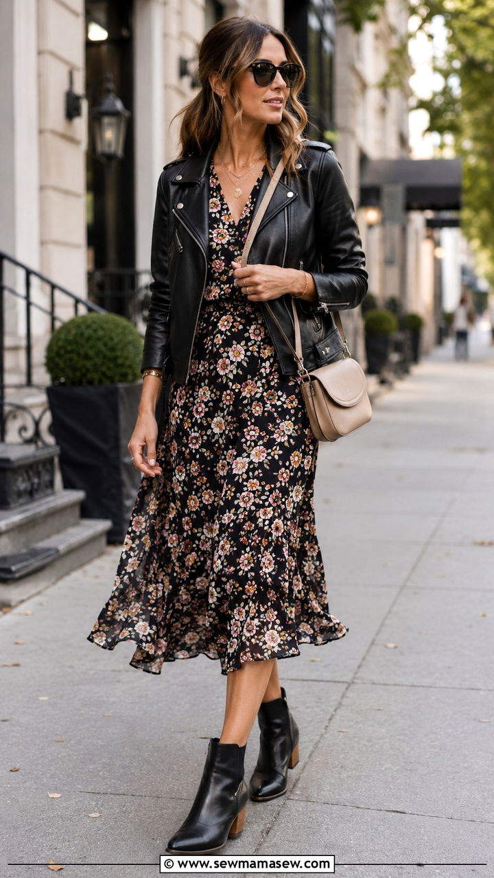 Leather Jacket with Floral Midi Dress and Ankle Boots - 30 classy outfits for moms
