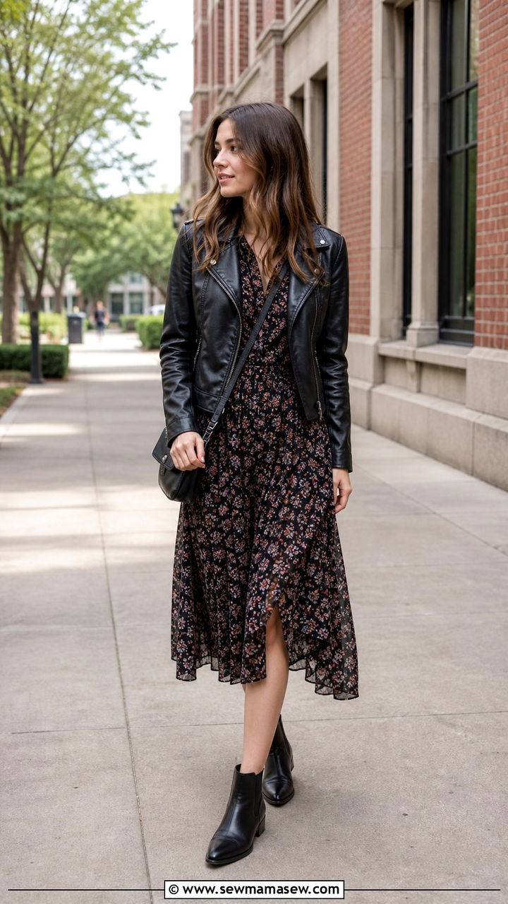 Leather Jacket with Floral Midi Dress and Ankle Boots Outfit - 40 First day of school outfit ideas 2026