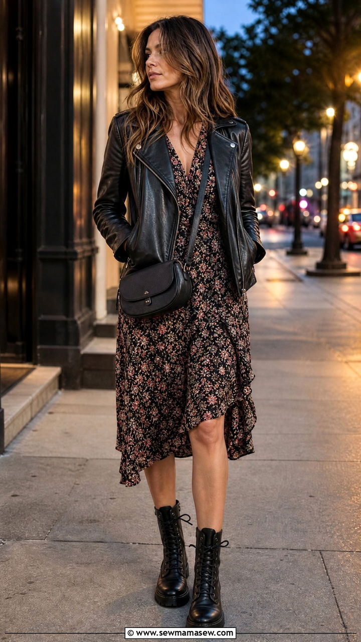 Leather Jacket with Floral Midi Dress and Combat Boots - 25 Hot mom outfit ideas