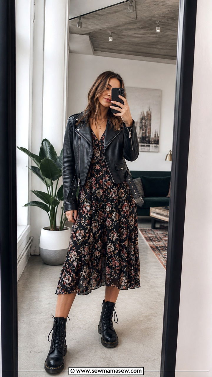 Leather Jacket with Floral Midi Dress and Combat Boots - 40 transitional outfits