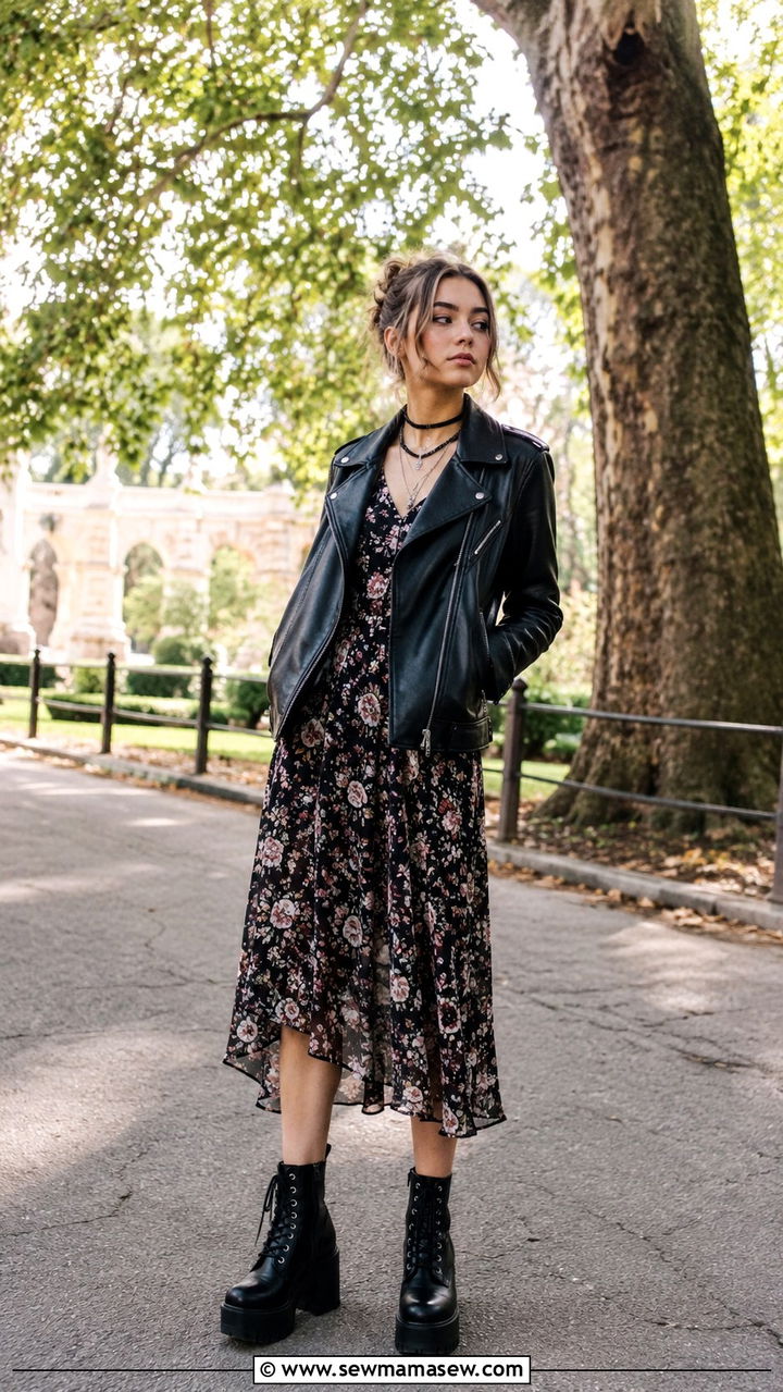 Leather Jacket with Floral Midi Dress and Platform Boots - 30 Trendy outfits for 16 year olds