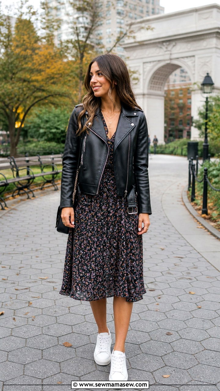 Leather Jacket with Floral Midi Dress and Sneakers - 40 jacket outfits for women