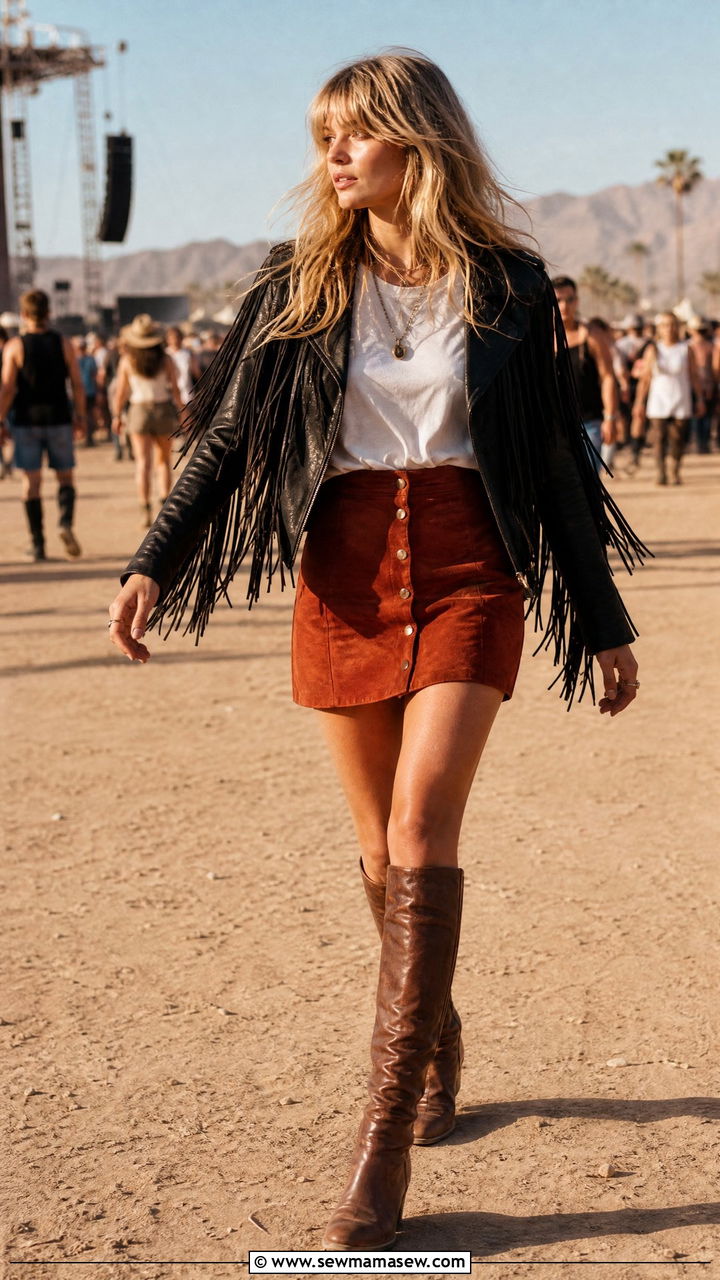 Leather Jacket with Fringe Details and Suede Skirt - 25 Leather jacket outfit ideas for concerts