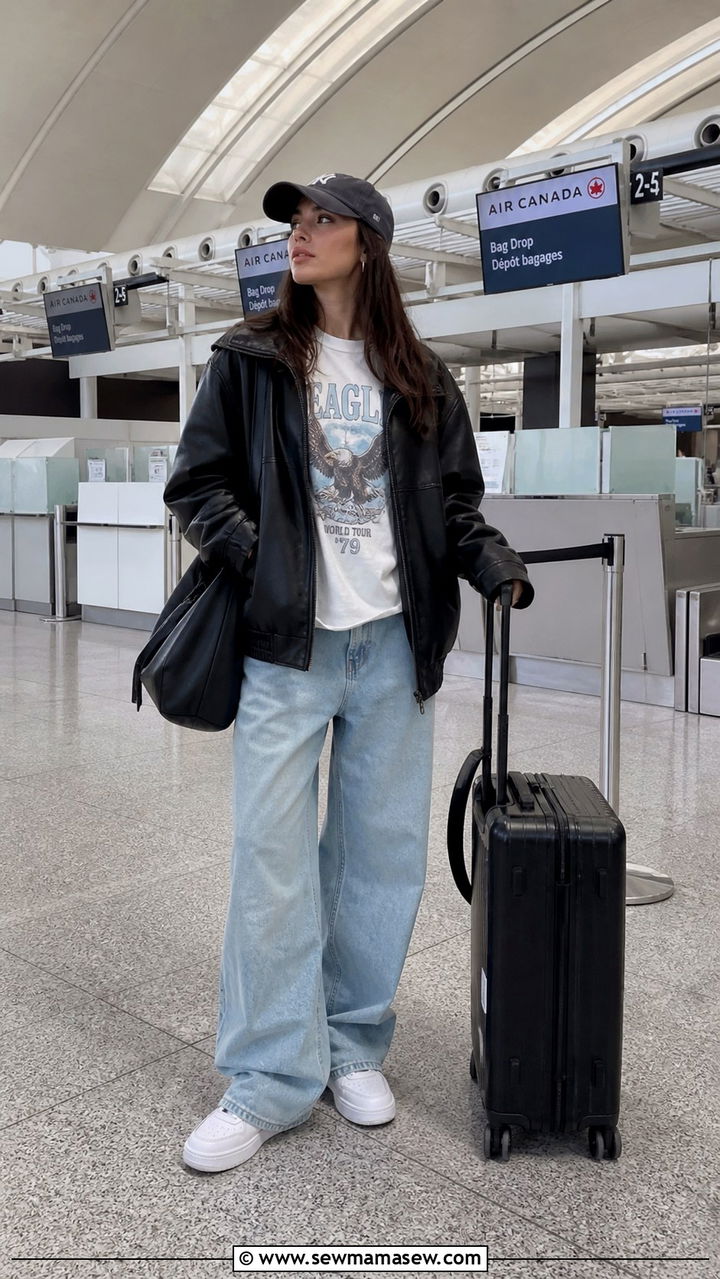 Leather Jacket with Graphic Tee and Baggy Jeans Airport Outfit - 40 Chic airport outfits