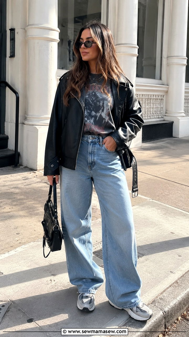 Leather Jacket with Graphic Tee and Baggy Jeans - 30 Spring outfits with leather jacket