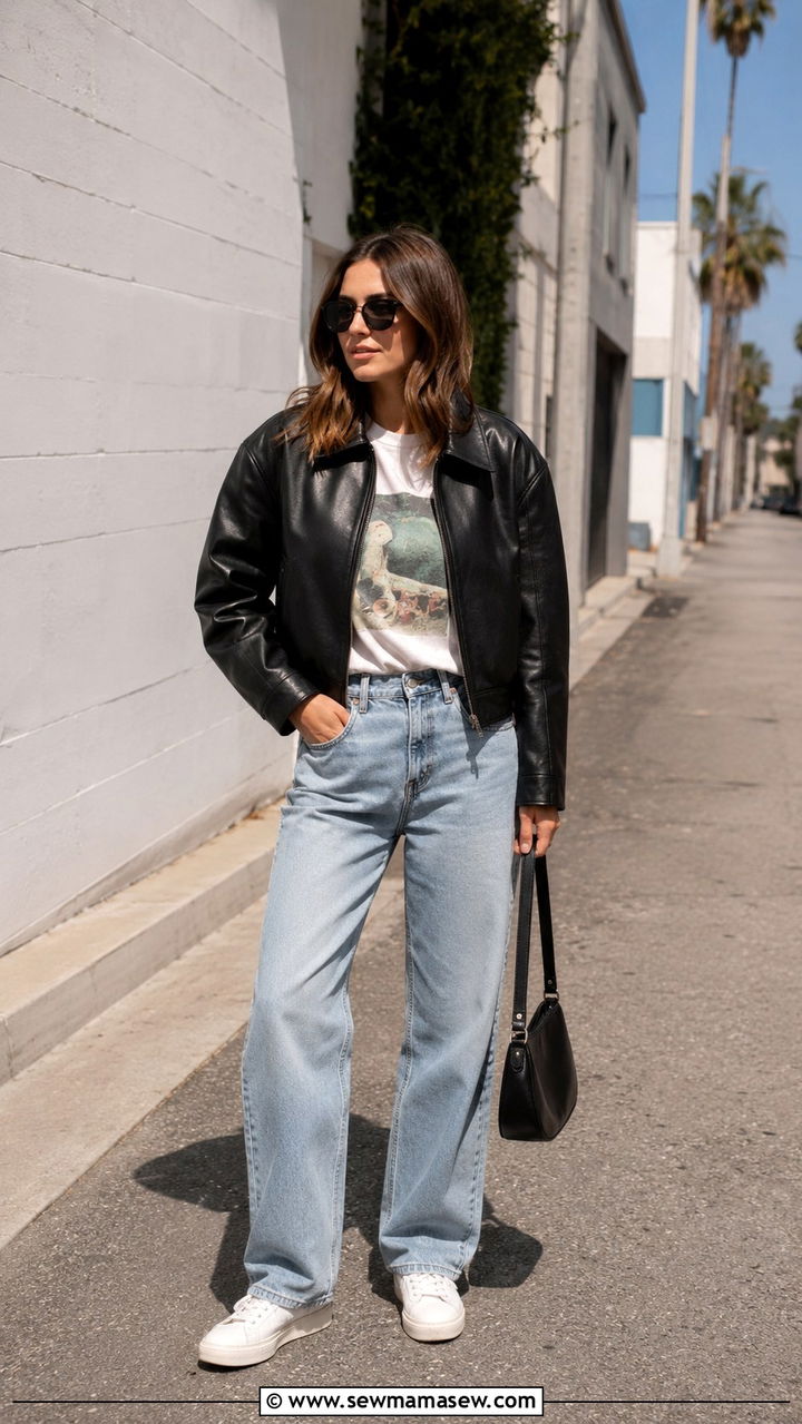 Leather Jacket with Graphic Tee and Barrel Leg Jeans - 20 Spring outfits for 45 degree weather