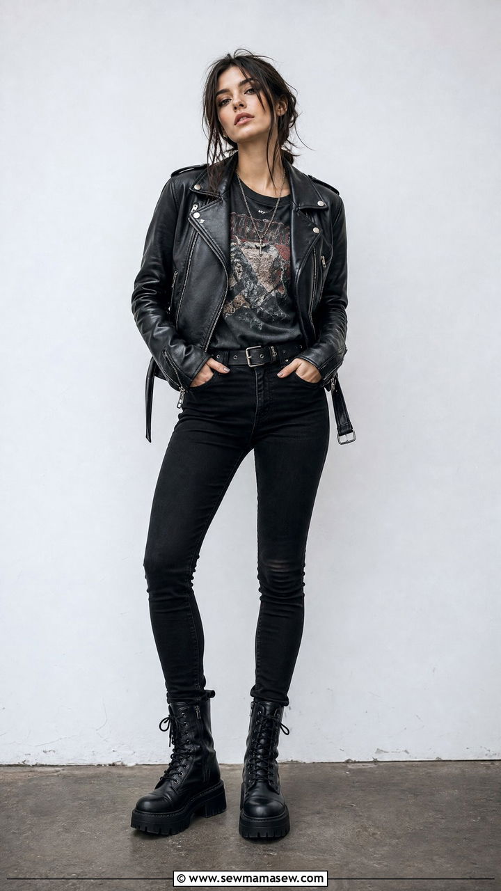 Leather Jacket with Graphic Tee and Black Jeans - 35 grunge outfit ideas for women