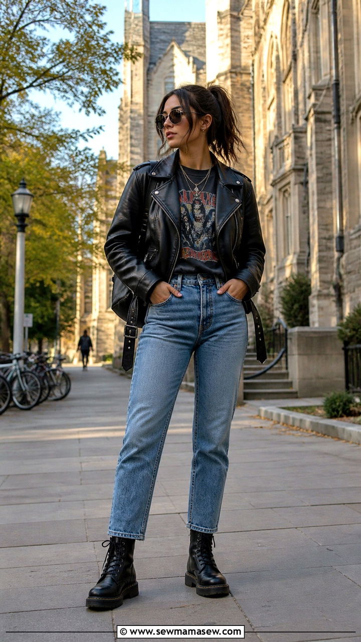 Leather Jacket with Graphic Tee and Jeans - 40 college outfits