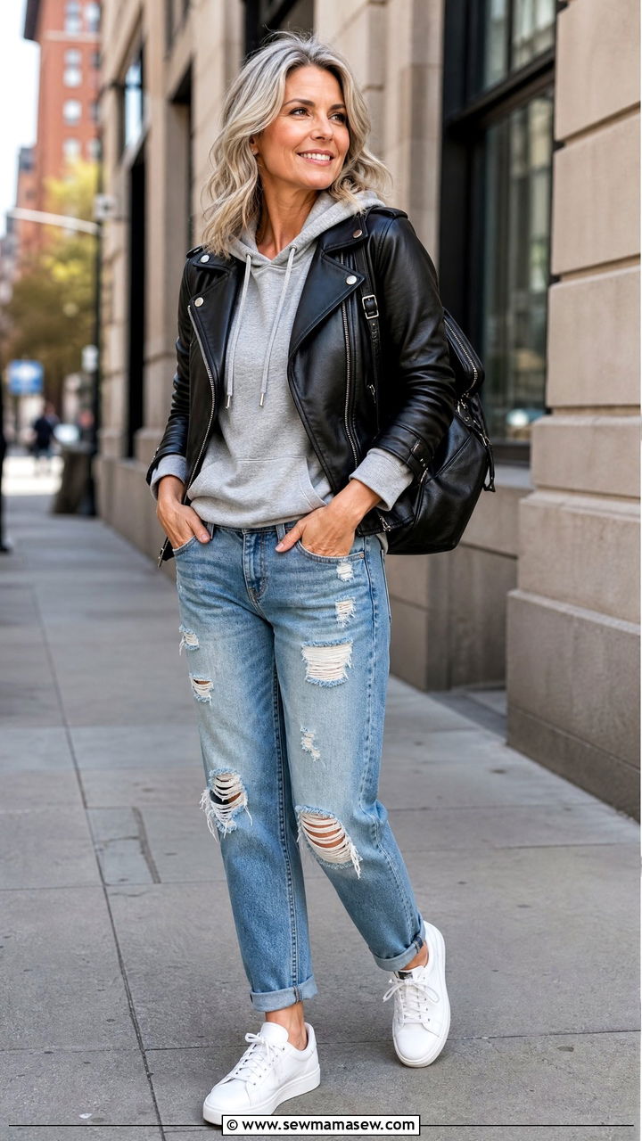 Leather Jacket with Hoodie and Distressed Jeans - 30 leather jacket outfits for women over 40