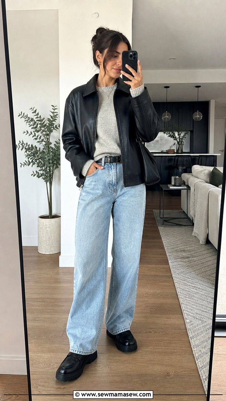 Leather Jacket with Knit Sweater and Jeans Outfit - 20 Spring outfits for 50-60 degree weather
