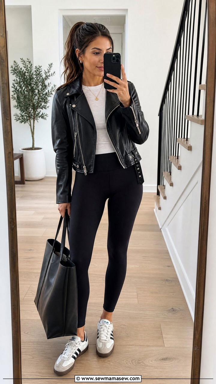Leather Jacket with Leggings and Retro Sneakers - 30 classy sporty chic outfit ideas