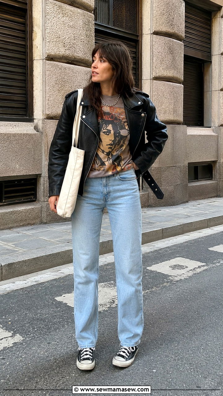 Leather Jacket with Light Wash Jeans and a Graphic Tee - 30 transitional jeans outfit ideas