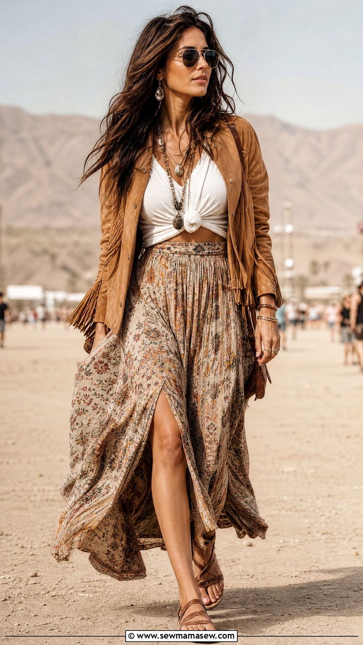 Leather Jacket with Maxi Skirt and Sandals - 25 Leather jacket outfit ideas for concerts
