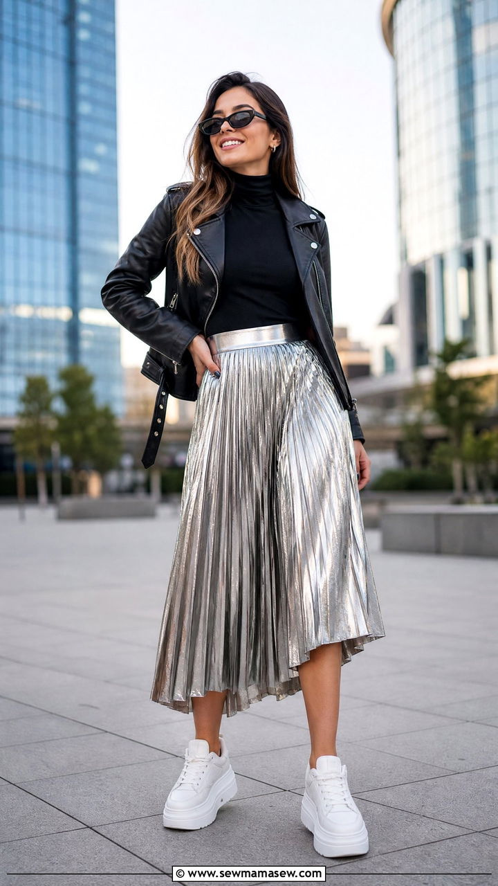 Leather Jacket with Metallic Skirt and Platform Sneakers - 25 Leather jacket outfit ideas for concerts