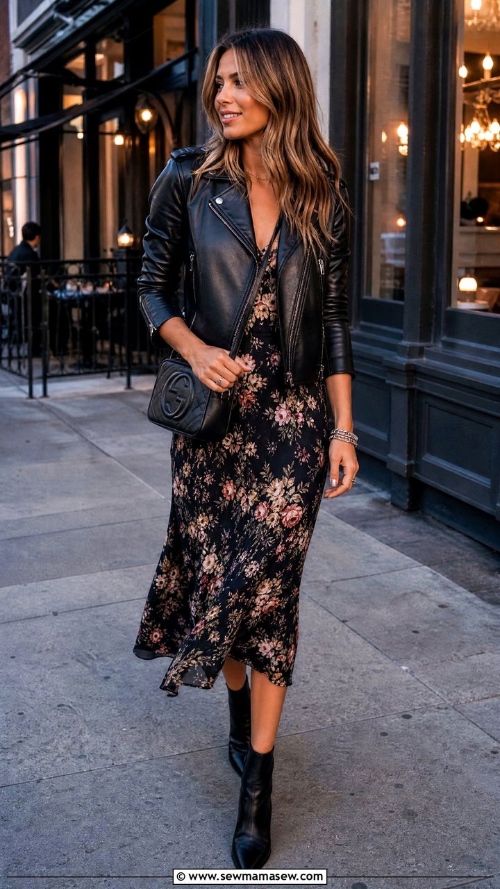 Leather Jacket with Midi Dress - 25 fashion inspo outfits for women