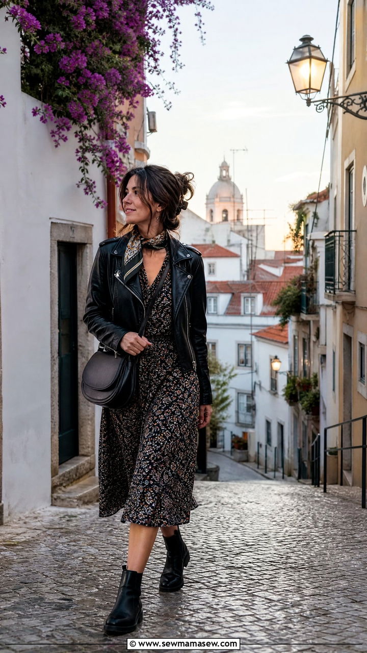 Leather Jacket with Midi Dress and Ankle Boots - 35 Lisbon vacation outfit ideas