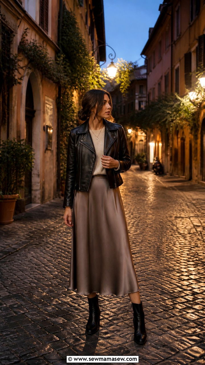 Leather Jacket with Midi Skirt and Ankle Boots - 40 Italy outfit ideas