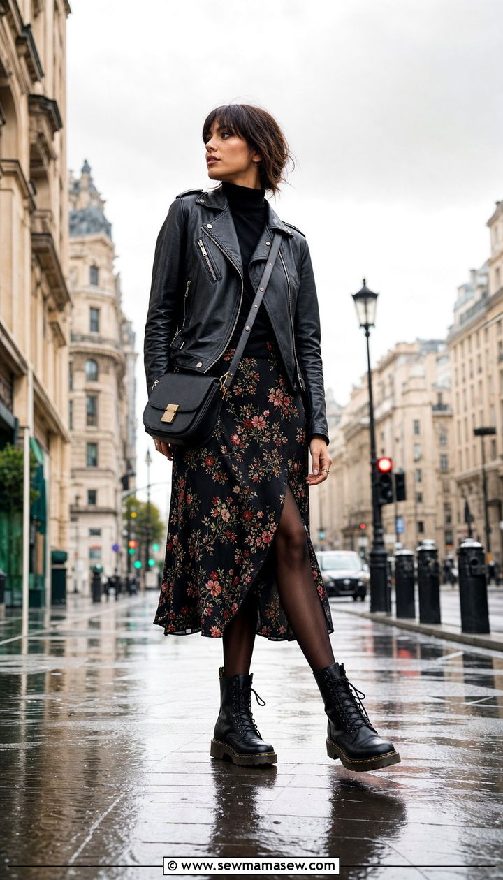 Leather Jacket with Midi Skirt and Combat Boots - 25 Drizzle outfit ideas