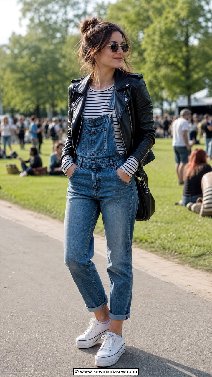 Leather Jacket with Overalls and Striped Tee - 25 Leather jacket outfit ideas for concerts