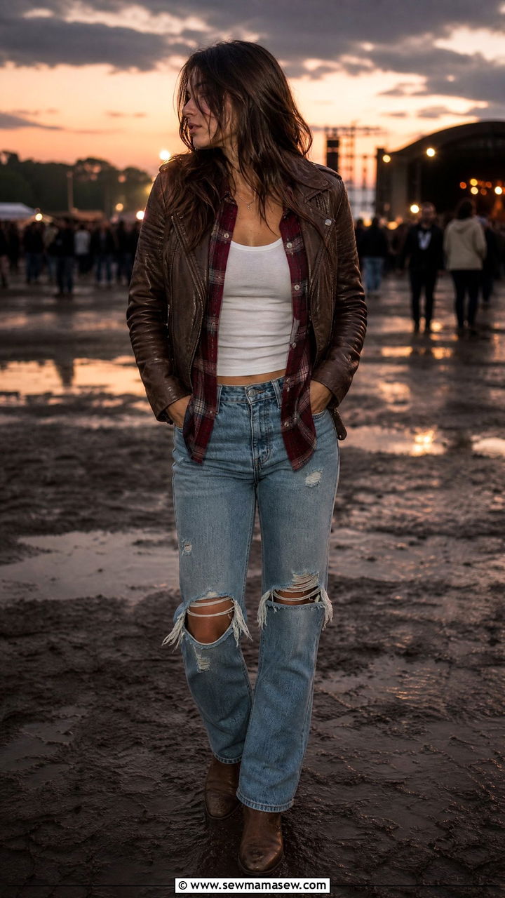 Leather Jacket with Plaid Button Up and Ripped Jeans - 25 Leather jacket outfit ideas for concerts