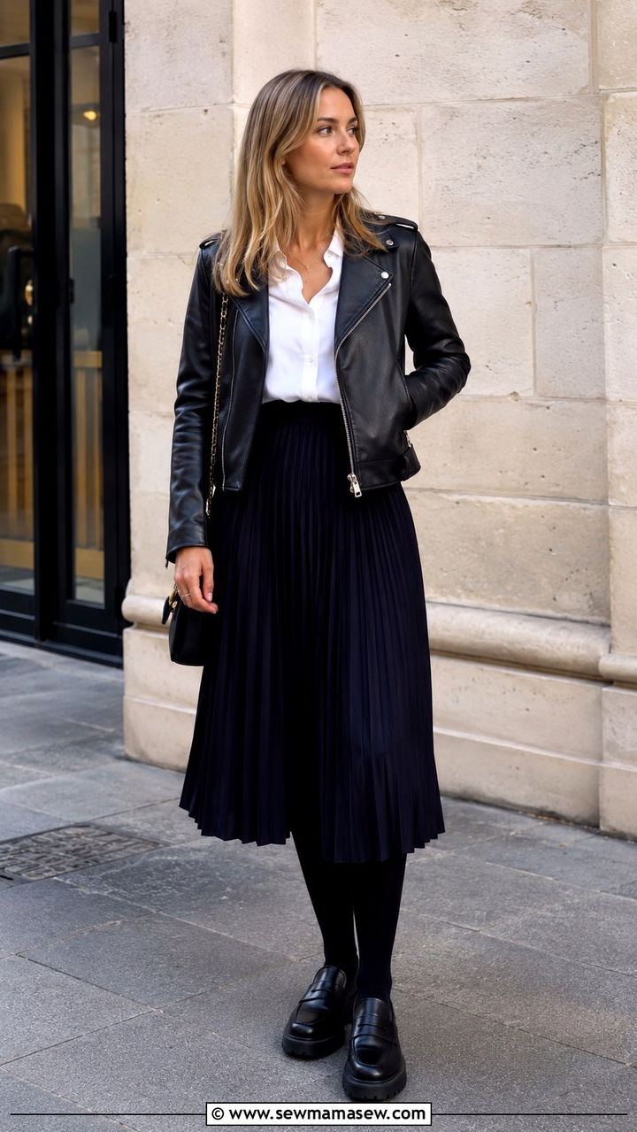Leather Jacket with Pleated Midi Skirt - 25 Parisian outfit ideas in April