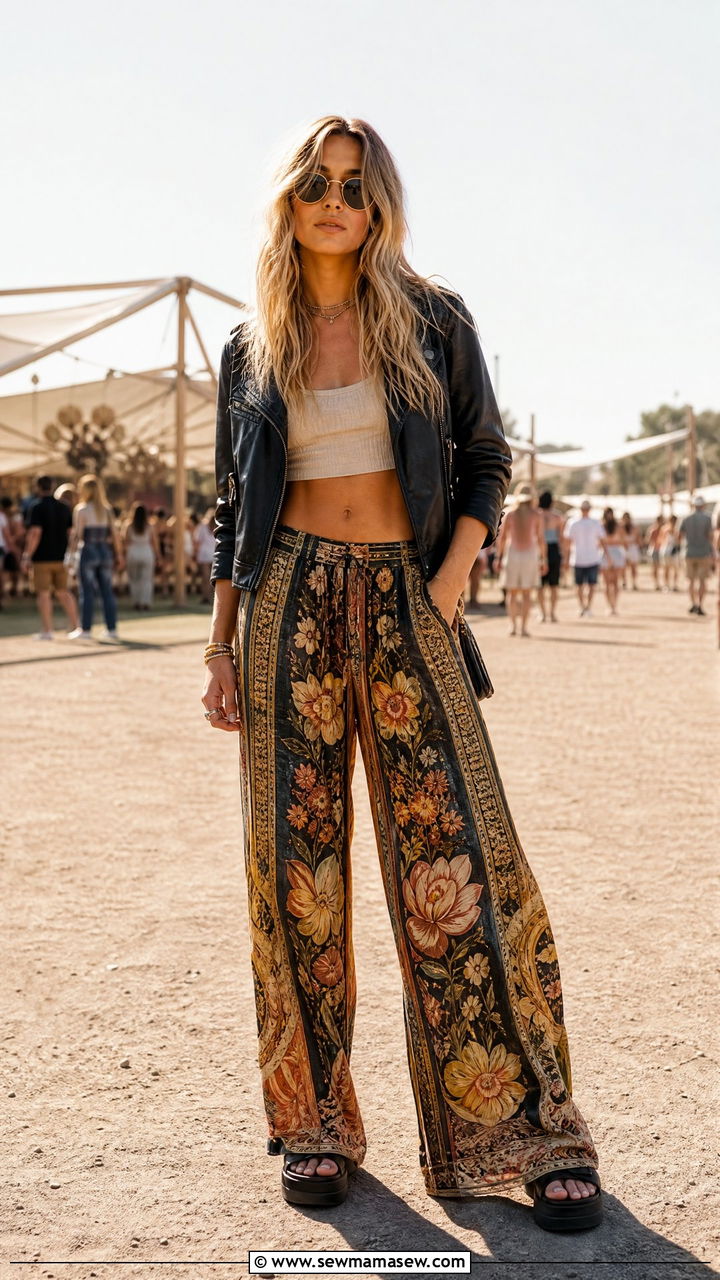 Leather Jacket with Printed Wide Leg Pants and Crop Top - 25 Leather jacket outfit ideas for concerts
