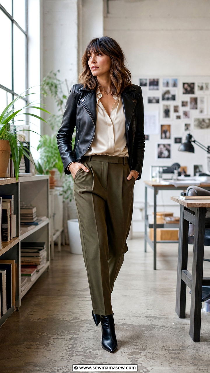 Leather Jacket with Silk Blouse and Tailored Pants - 30 Marketing manager outfit ideas