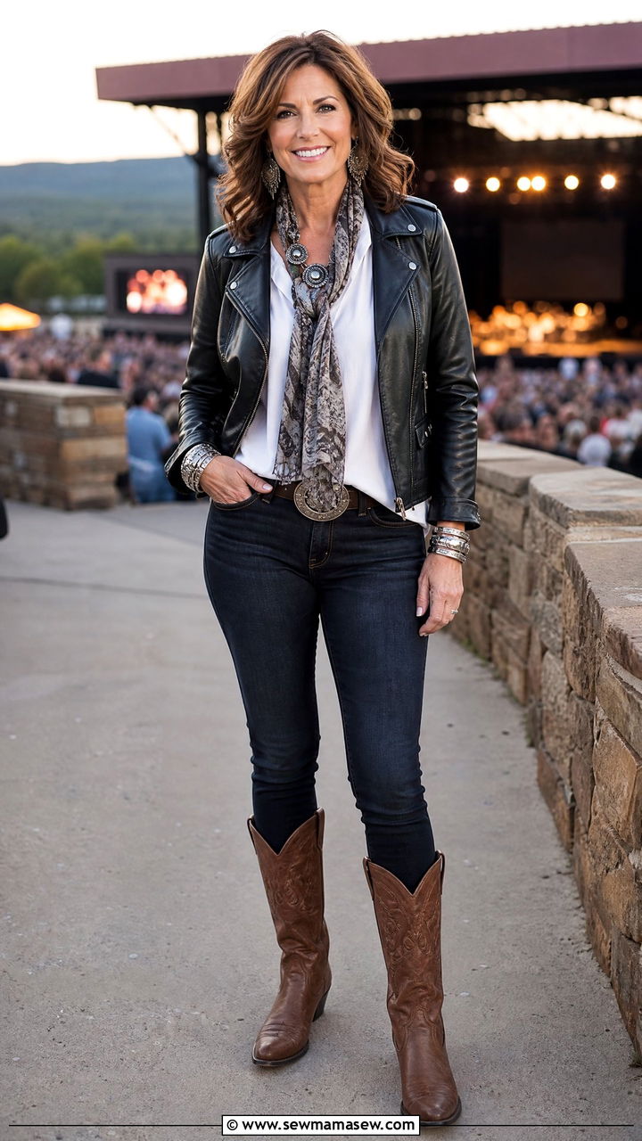 Leather Jacket with Skinny Jeans - 30 Country concert outfit ideas for women over 40