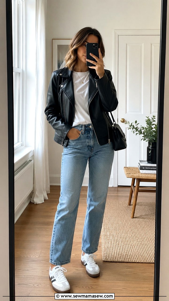 Leather Jacket with Straight Leg Jeans and White Sneakers - 30 Spring outfits with white sneakers