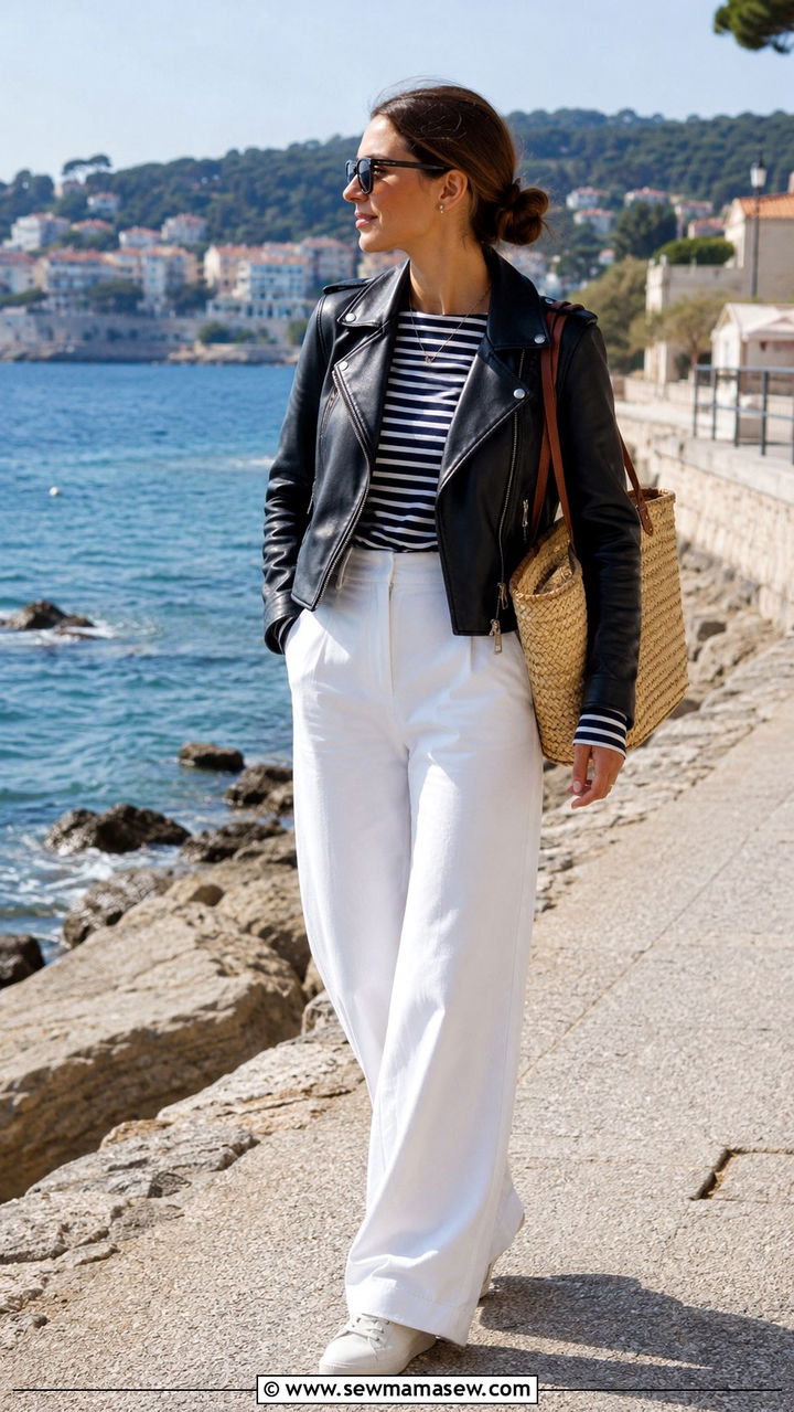 Leather Jacket with Striped Tee and White Trousers - 30 Spring outfits with leather jacket