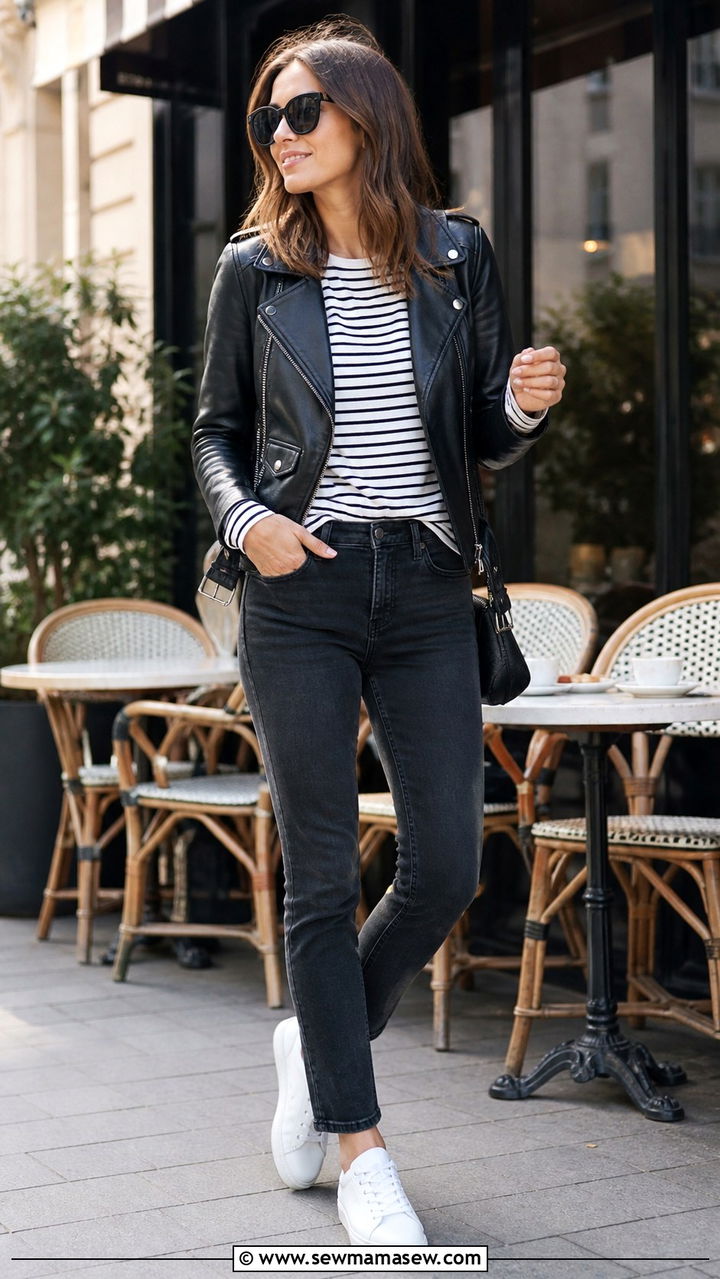 Leather Jacket with Striped Top and Jeans - 40 parisian outfits for women