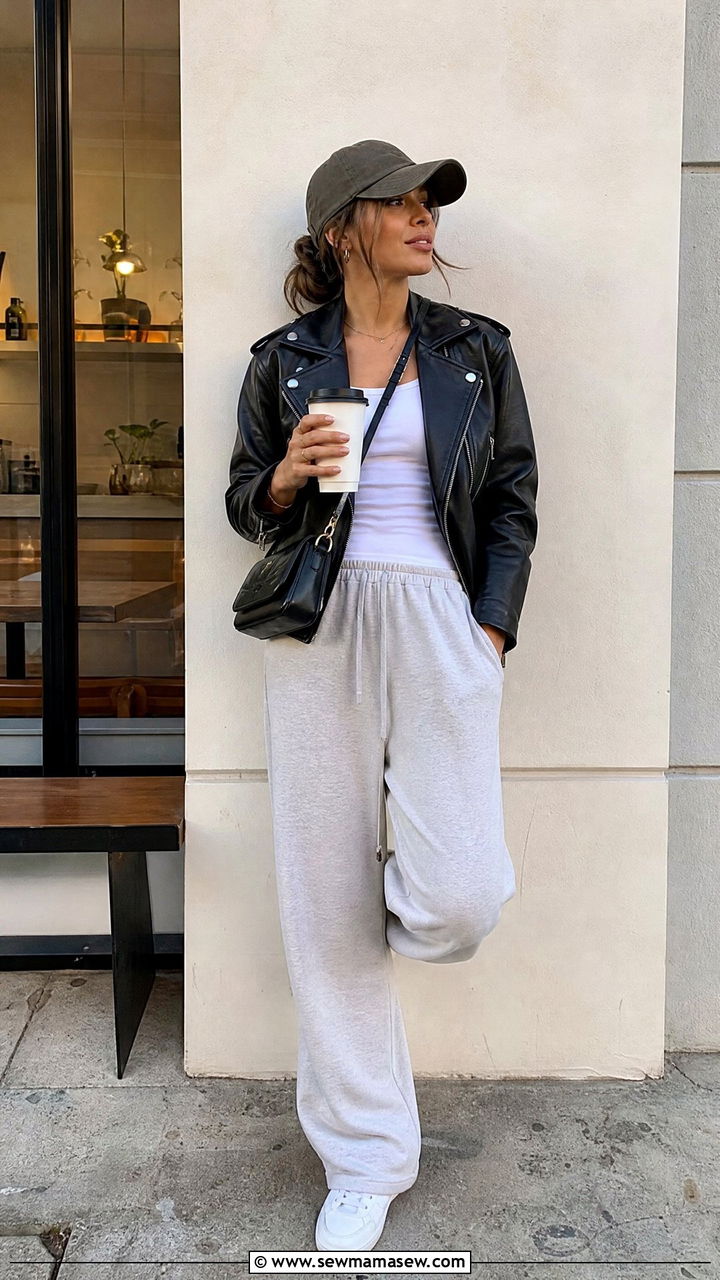 Leather Jacket with Sweatpants Outfit - 30 coffee run outfit ideas