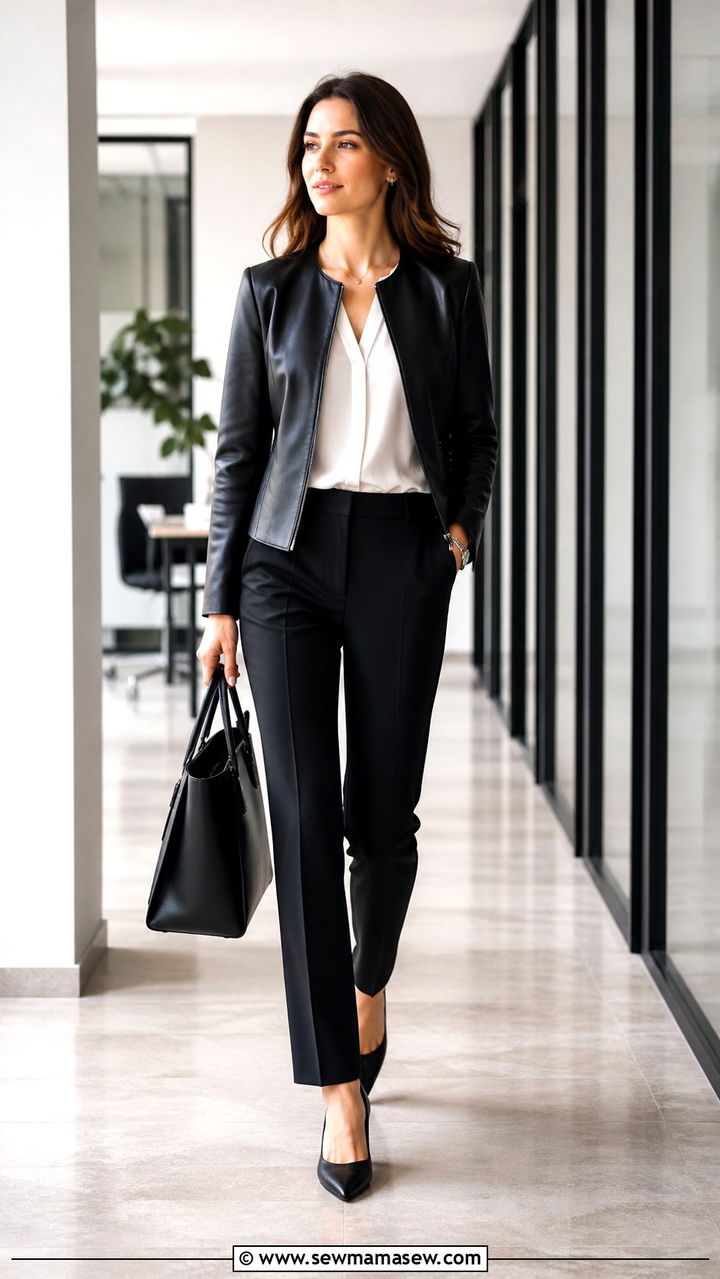 Leather Jacket with Tailored Trousers Office Outfit - 40 office outfits for women