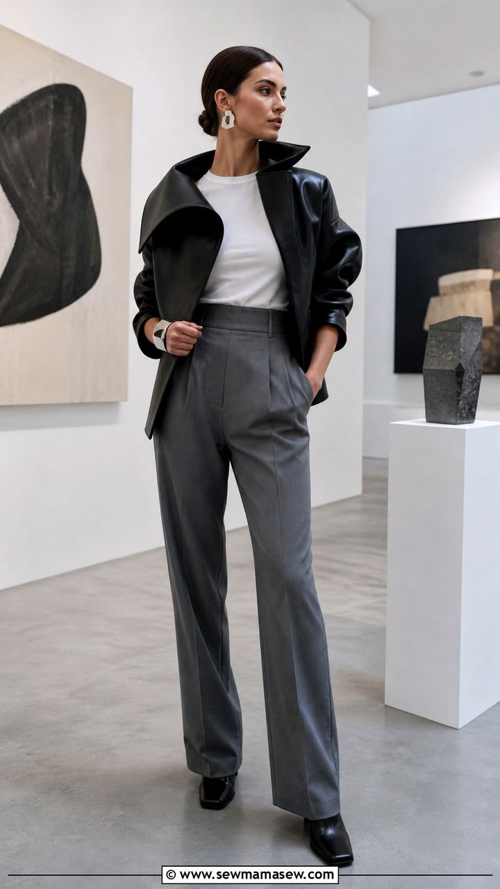Leather Jacket with Tailored Trousers Outfit - 20 Art show outfit ideas