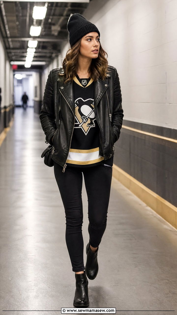 Leather Jacket with Team Jersey and Dark Denim - 25 Hockey game outfit ideas