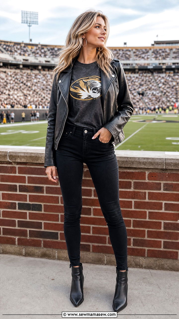 Leather Jacket with Team Tee and Skinny Jeans - 35 Gameday outfit ideas college