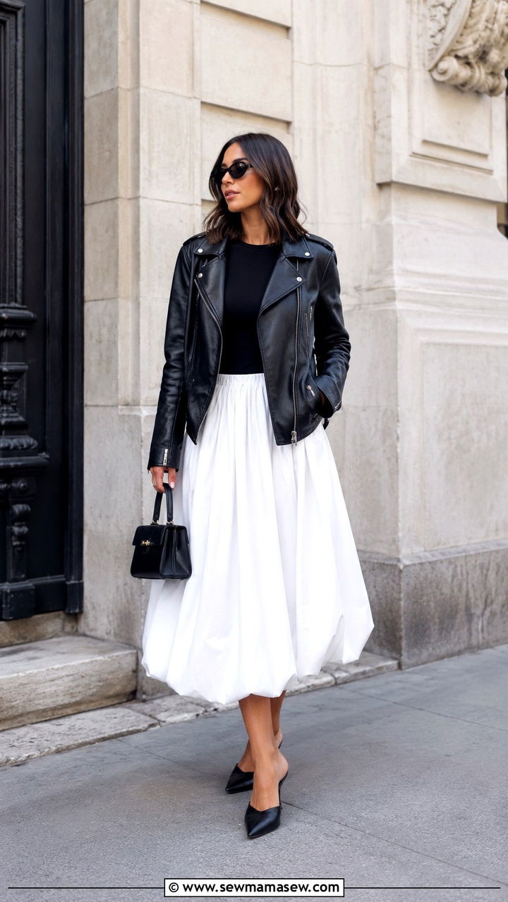 Leather Jacket with White Balloon Skirt - 30 Late March outfit ideas