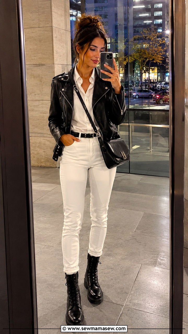 Leather Jacket with White Jeans and Button Down - 25 White jeans outfit ideas with a button down