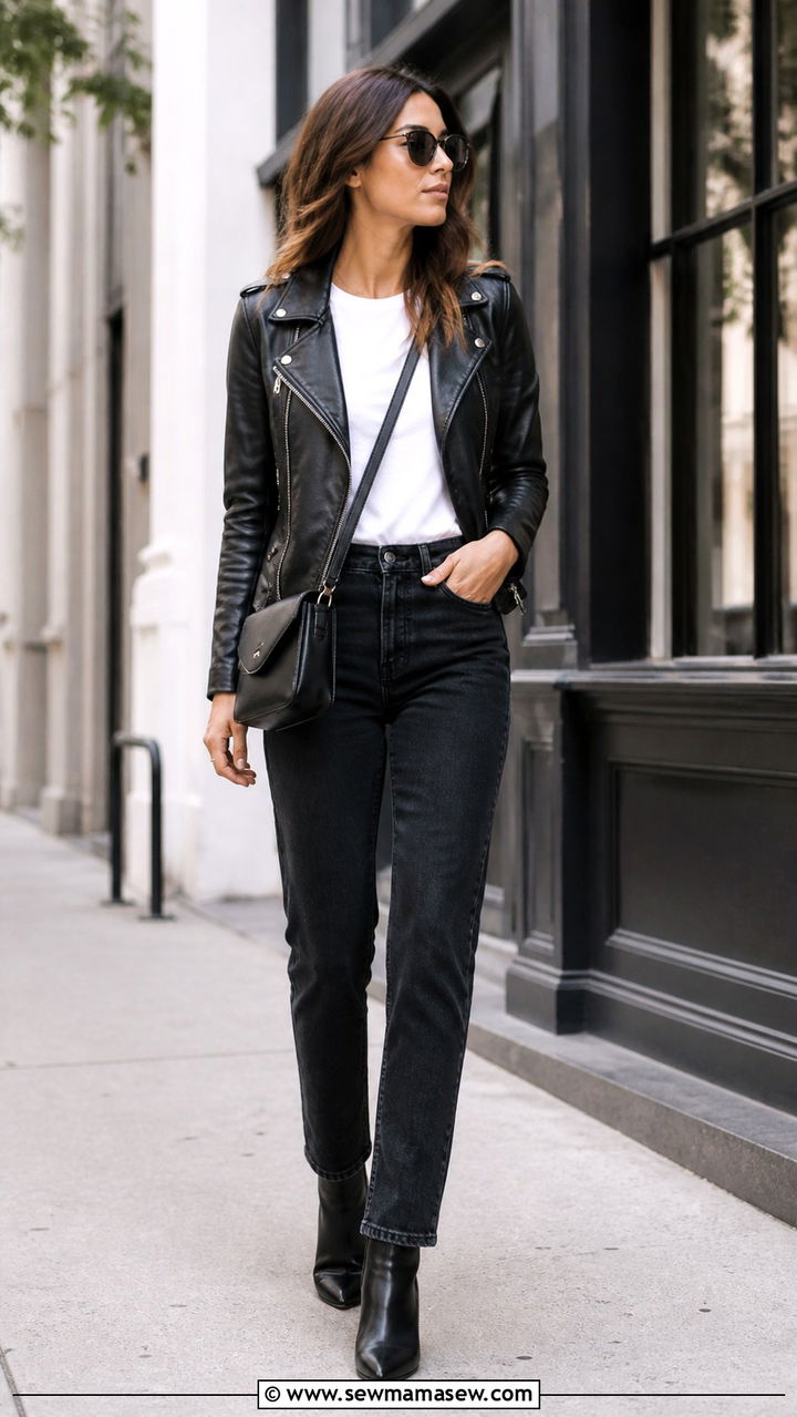Leather Jacket with White Tee Outfit - 40 Classic outfit ideas