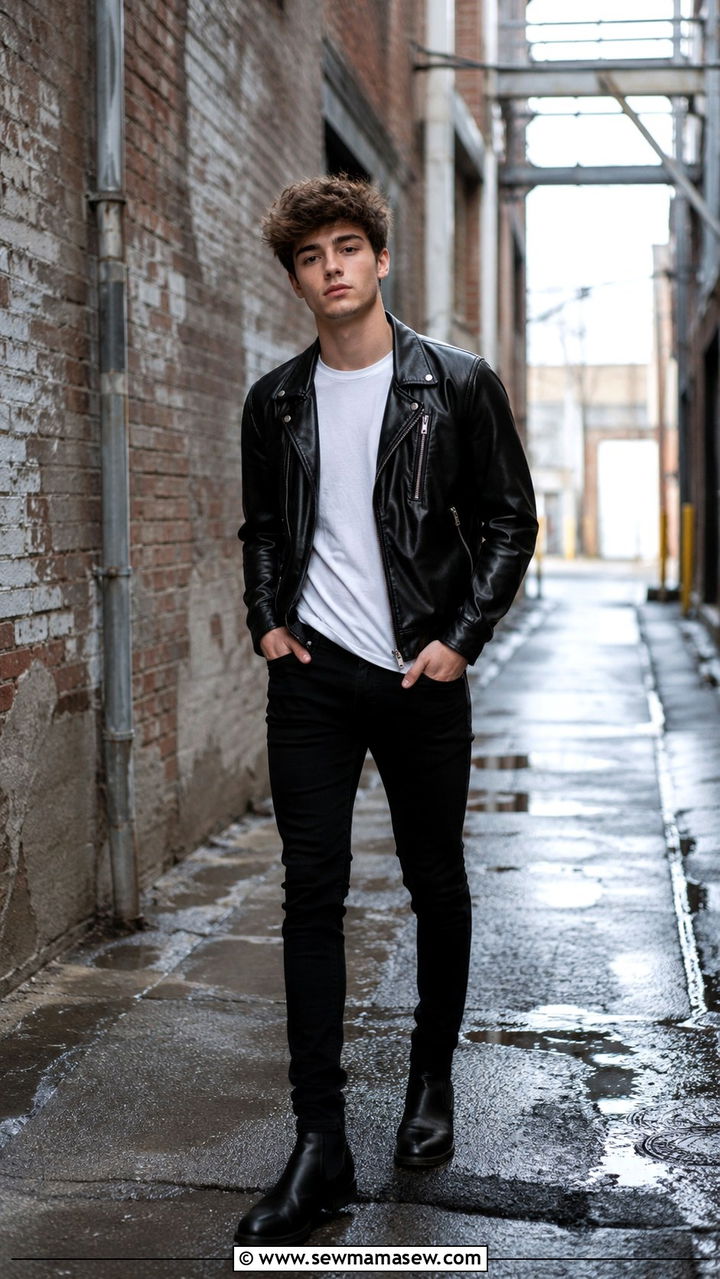 Leather Jacket with White Tee and Black Jeans - 30 Senior photo outfit ideas for guys