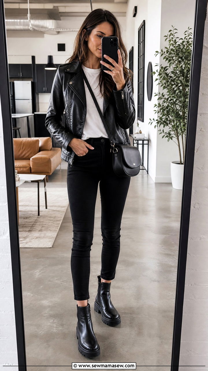 Leather Jacket with White Tee and Black Skinny Jeans - 25 casual classy outfits