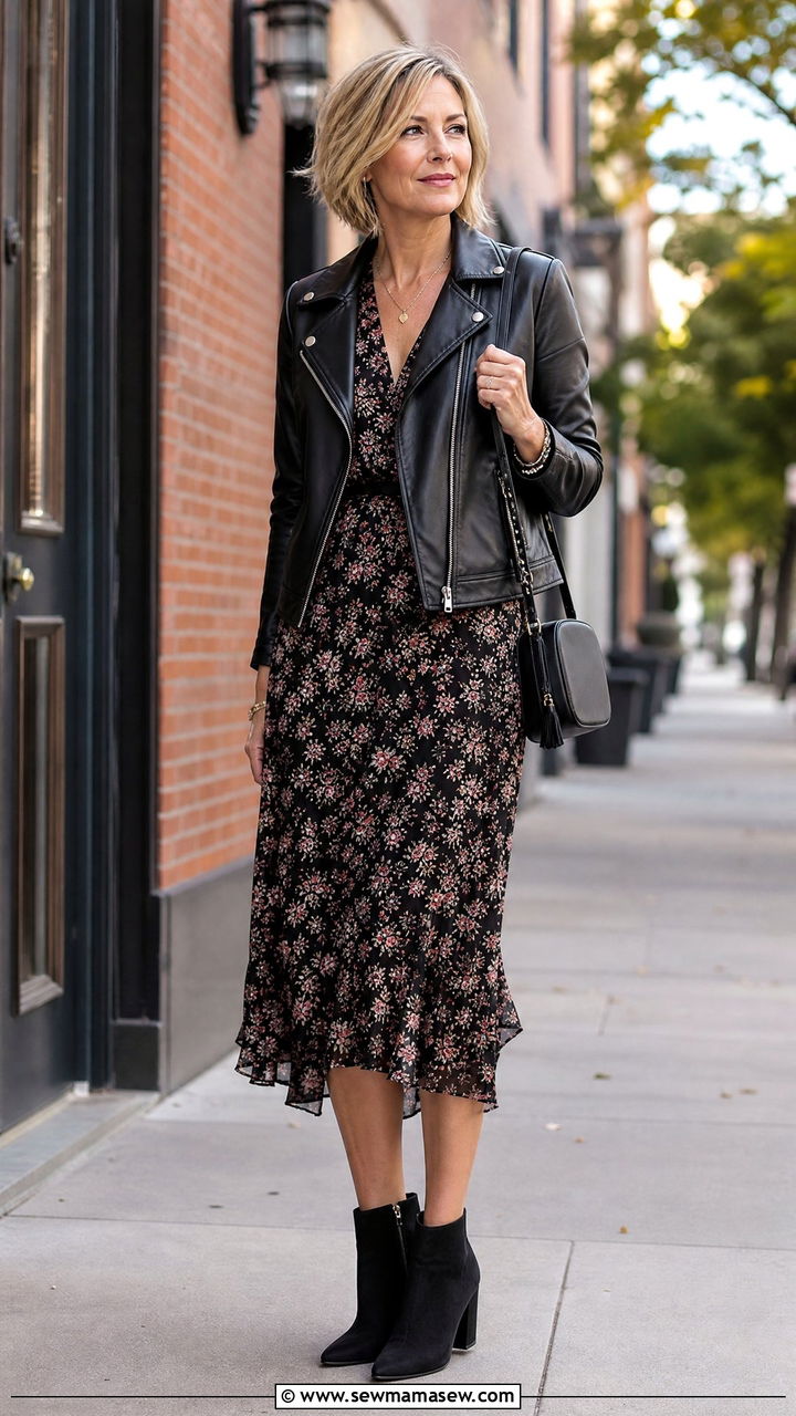 Leather Jacket with a Floral Midi Dress - 30 everyday outfit ideas for women over 40