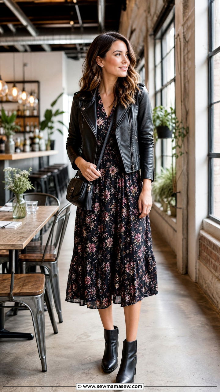 Leather Jacket with a Floral Midi Dress - 30 Girls brunch outfit ideas