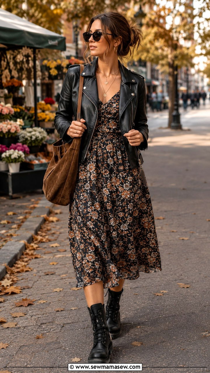 Leather Jacket with a Floral Sundress and Chunky Combat Boots - 20 summer to fall outfits trends