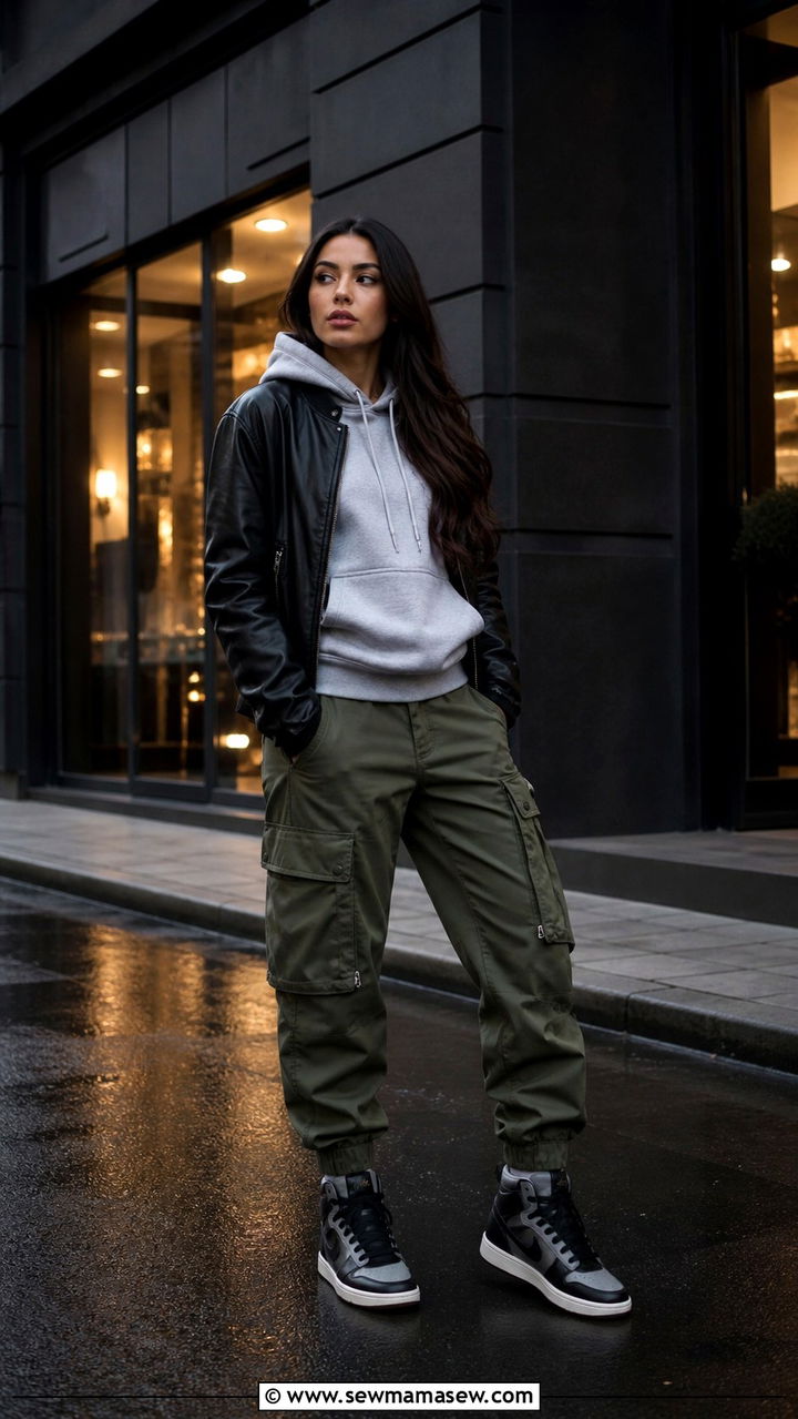 Leather Jacket with a Hoodie and Cargo Pants - 40 rainy day outfits